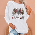 Detail of white Christmas sweatshirt with festive plaid patterned tree prints and soft ribbed cuffs - 3XL / Top (MERRY CHRISTMAS Print) / White
