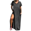 Acid wash charcoal V-neck maxi dress with side slits and pockets for a casual street look - S / Dark Gray