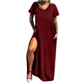 Short sleeve V-neck maxi dress in burgundy with side slit and practical pockets - S / Burgundy