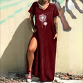 Detail of burgundy V-neck dress with dandelion print, side slit, and practical pockets - S / Dandelion Print (59Z) / Burgundy