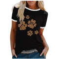 Detail of black ringer t-shirt featuring leopard print paw graphics and white contrast trim - 3XL / Tops / Black (Leopard Paw Print)
