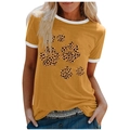 Detail of mustard yellow ringer T-shirt featuring leopard print paw graphics on chest - 3XL / Tops / Yellow (Leopard Paw Print-1019X)