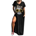 Robe longue noire à col en V pour femmes avec imprimé crâne tournesol et poches fendues - S / Hauts / Noir Tournesol Crâne (720X)