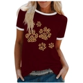 Detail of burgundy summer t-shirt featuring contrast white trim and leopard print paw prints - 3XL / Tops / Burgundy (Leopard Paw Print-1019X)