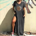 Detail view of dandelion sun moon print on grey V-neck slit dress with side pockets - S / Sun Moon Art Print (118X) / Dark Gray