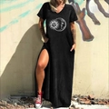 Detail of bohemian black v-neck maxi dress with sun and moon print and side slits - S / Sun Moon Line Print (119Z) / Black