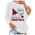 Women's white Christmas sweatshirt with festive tree print and 'Loves Christmas' text - 3XL / Tops / White Plaid Tree Graphic (823X)