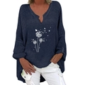 Detail of dark blue V-neck linen shirt with white dandelion and butterfly print design - S / Top - Dandelion Butterfly Print (1255X) / Navy Blue