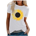 Detail of sunflower and butterfly print on white loose-fit cotton t-shirt for women - 3XL / Tops / White (Sunflower & Butterfly Pattern) (1022X)