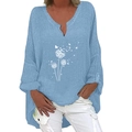 Detail of light blue V-neck linen shirt with white dandelion and butterfly print - S / Top - Dandelion Butterfly Print (1255X) / Sky Blue