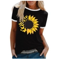 Detailed close-up of a sunflower butterfly print on a black T-shirt with white contrast edges - 3XL / Tops / Black (Sunflower & Butterfly Pattern) (1022X)
