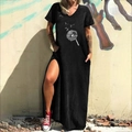 Detail of V-neck dandelion print maxi dress with side pocket and high slit cut in black - S / Dandelion Print (604X) / Black