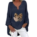 Detail view of v-neck long sleeve blouse featuring leopard and striped heart print pattern - S / Top - Navy Three Hearts Print (1256X)