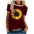Detail of burgundy T-shirt with sunflower butterfly print and white contrast trim - 3XL / Tops / Wine Red (Sunflower & Butterfly Pattern) (1022X)
