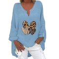 Detail of light blue V-neck linen shirt with heart-shaped leopard and pink prints - S / Top - Sky Blue Three Hearts Print (1256X)