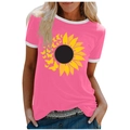 Detail of pink crew neck T-shirt with sunflower butterfly print and white piping - 3XL / Tops / Pink (Sunflower & Butterfly Pattern) (1022X)
