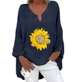 Detail of V-neck cotton linen shirt featuring leopard print sunflower pattern and high-low hem - S / Top - Navy Sunflower Print (1257X)