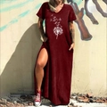 Detail of dark red V-neck maxi dress with white dandelion print and high side slit - S / Dandelion Print (616Z) / Burgundy