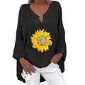 Women's V-neck long sleeve shirt with a leopard sunflower print on black textured fabric - S / Top - Black Sunflower Print (1257X)
