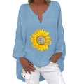 Detail of V-neck collar and sunflower print with leopard pattern on cotton linen shirt - S / Top - Sky Blue Sunflower Print (1257X)