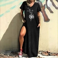 Detail of V-neck maxi dress with dandelion print, side slit, and functional pockets - S / Dandelion Print (616Z) / Black