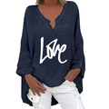 Navy blue women's V-neck cotton linen blouse with LOVE print and long sleeves - S / Top - Navy LOVE Print (1258X)