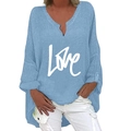 Detail of light blue oversized V-neck blouse with white LOVE print and curved hemline - S / Top - Sky Blue LOVE Print (1258X)