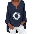 Detail of navy blue V-neck linen shirt for women featuring white sunflower print - S / Top - Navy Sunflower Print (1259X)
