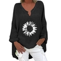 Detail of a black V-neck cotton shirt featuring a white sunflower print and texture - S / Top - Black Sunflower Print (1259X)