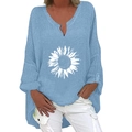 Detail of V-neck cotton linen blouse featuring a large white sunflower print and button cuffs - S / Top - Sky Blue Sunflower Print (1259X)