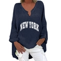 Detail of navy cotton-linen V-neck shirt with New York letter print and high-low hem - S / Top (NEW YORK Print 1260X) / Navy Blue