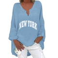 Detail of light blue V-neck top with NEW YORK print and textured linen-cotton fabric - S / Top (NEW YORK Print 1260X) / Sky Blue