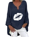 Detail of V-neck long sleeve cotton blouse with waffle texture and lip print - S / Top (Lips Print 1261X) / Navy Blue