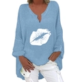 Detail view of V-neck cotton linen shirt with white lip print and breathable texture - S / Top (Lips Print 1261X) / Sky Blue