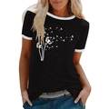 Detail of black T-shirt with dandelion print and contrast white trim on collar - 3XL / Tops / Black (Dandelion Pattern) (1025X)