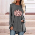Detail of grey oversized long sleeve tee featuring leopard print pumpkin graphic - S / Tops / Leopard Pumpkin (Gray 126Z)
