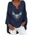 Detail of V-neck long sleeve navy top with white mandala print and asymmetric hem - S / Top-Snowflake Pattern (1262X) / Navy Blue