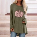 Detail of raglan sleeves and leopard print pumpkin design on olive long sleeve tee - S / Tops / Leopard Pumpkin (Khaki 126Z)