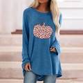 Detail of blue long-sleeve tee with raglan sleeves and leopard pumpkin graphic - S / Tops / Leopard Pumpkin (Blue 126Z)