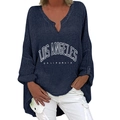 Detail of navy blue V-neck top with Los Angeles California print in a loose fit - S / Top-Los Angeles Pattern (1263X) / Navy Blue