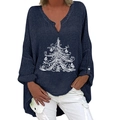 Damen V-Ausschnitt Leinenbluse in Dunkelblau mit weißem Weihnachtsbaum-Print und langen Ärmeln - S / Oberteil (Linearer Weihnachtsbaum) / Marineblau