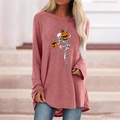 Close-up of Halloween skull and pumpkin print on a loose brick-red long-sleeve tee - S / Tops / Skull Pumpkin (Pink 428Z)