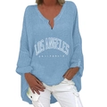 Detail of light blue V-neck top featuring white Los Angeles California printed graphic - S / Top-Los Angeles Pattern (1263X) / Sky Blue
