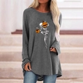 Close-up of dancing skeleton and pumpkin print on a gray gothic long sleeve t-shirt - S / Tops / Skull Pumpkin (Gray 428Z)