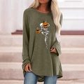 Detail of Halloween skeleton and pumpkin print on olive green long sleeve sweatshirt - S / Tops / Skull Pumpkin (Khaki 428Z)
