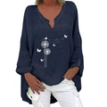 Detail of navy cotton linen shirt featuring white dandelion and butterfly prints with V-neck - S / Top - Dandelion Butterfly Print (1265X) / Navy Blue