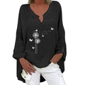 Detail view of cotton linen blouse showing white dandelion print and irregular hem design - S / Top - Dandelion Butterfly Print (1265X) / Black