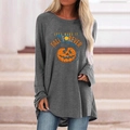 Detail of Halloween pumpkin and cat print on dark grey long sleeve t-shirt fabric - S / Tops / Fall Forever Pumpkin Cat (Gray)
