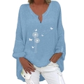 Detail of V-neck cotton linen shirt with dandelion print and side slit asymmetric hem - S / Top - Dandelion Butterfly Print (1265X) / Sky Blue