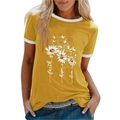 Detail of yellow ringer T-shirt with daisy print and faith hope love text embroidery - 3XL / Top (Daisy Style 1250X) / Yellow